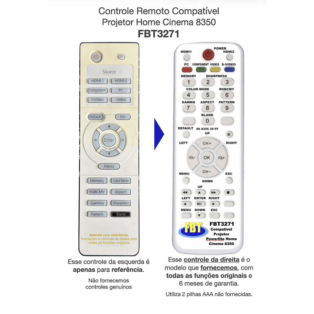 Controle Remoto Compatível Projetor Epson Home Cinema 8350 FBT3271