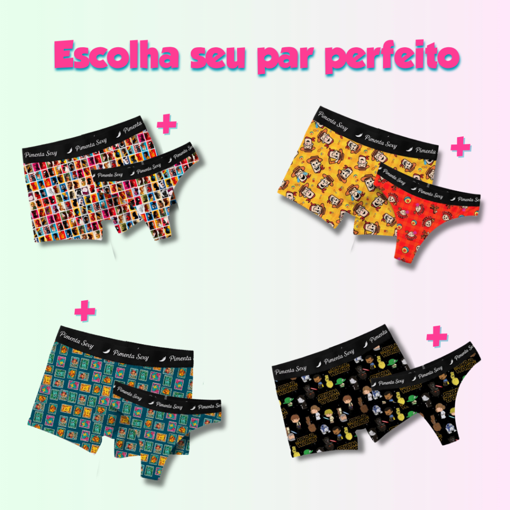 KIT CUECA E CALCINHA CASAL NAMORADOS ESTAMPADO PERSONAGEM