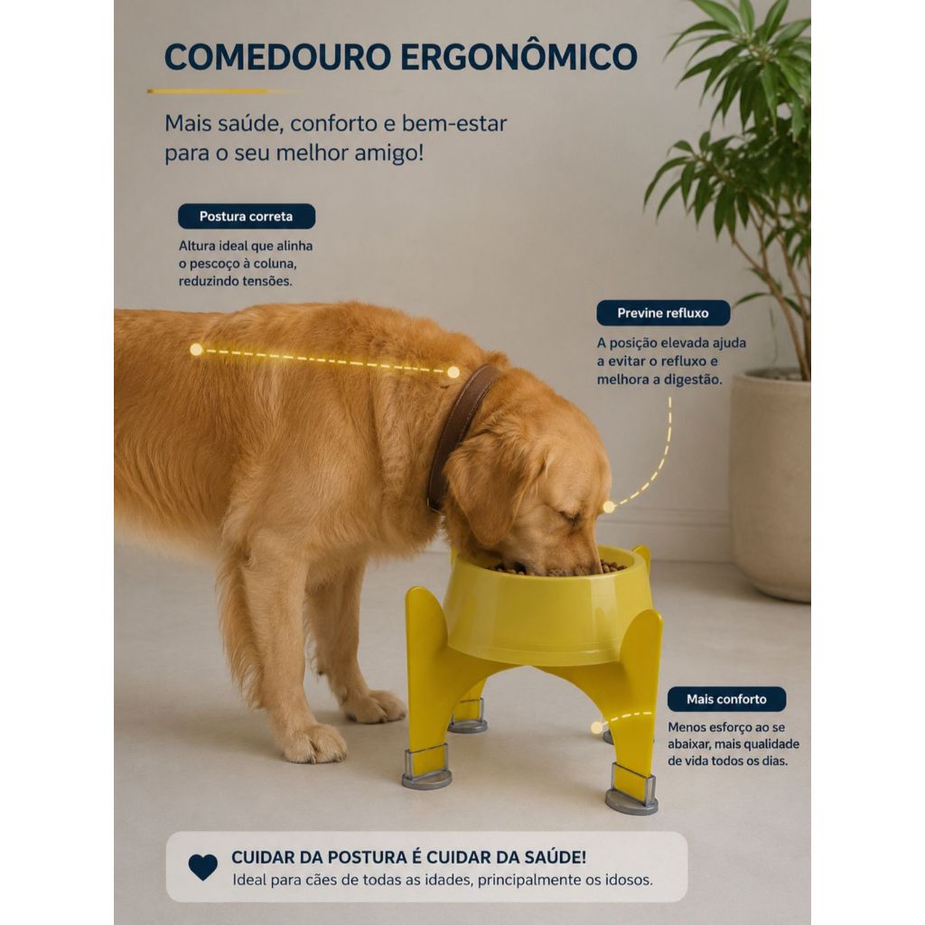 Comedouro Elevado Suspenso Alto Ergonômico com Suporte para Cães de Porte Grande 1500ml BPA Free