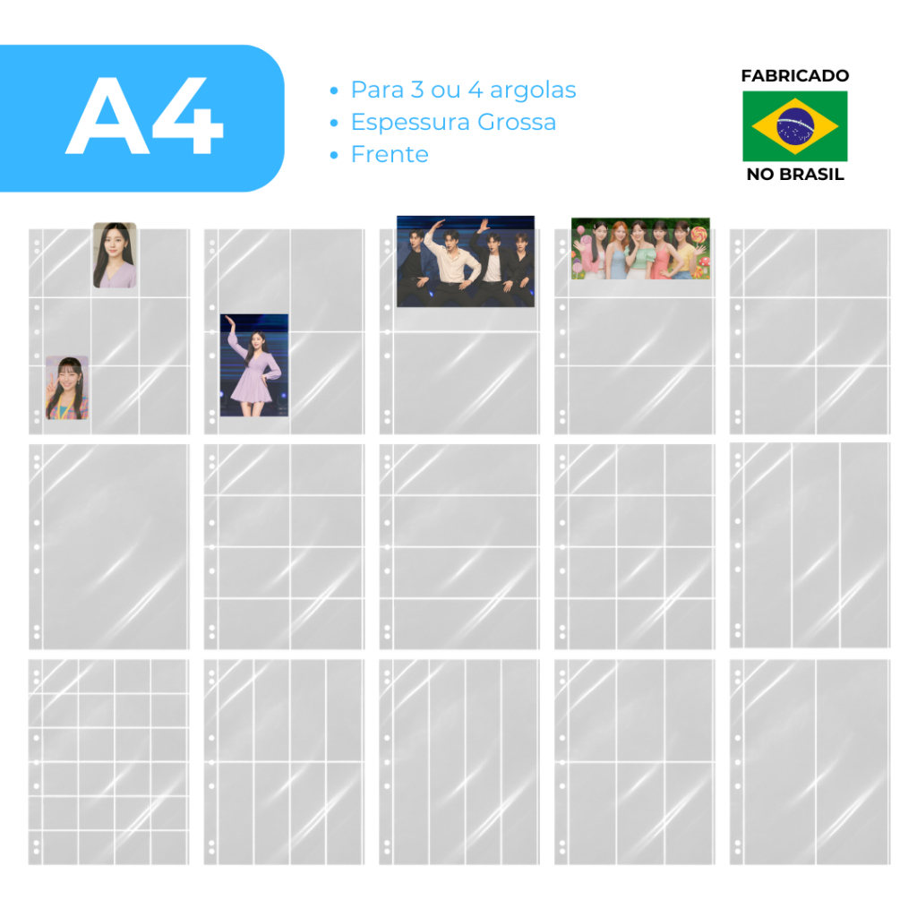 Kit 10 Folhas Binder Saco Plástico A4 Fichario Photocard Cédulas Polipropileno 1 2 3 4 6 8 9 Bolsos yes Selos Filatelia