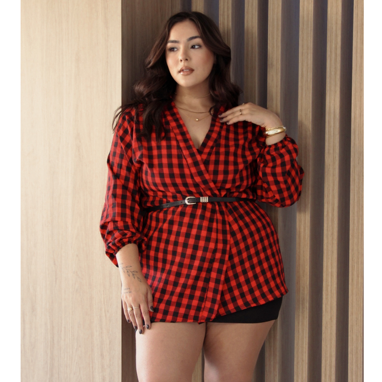 Kimono Xadrez Plus Size Chemise Camisa Alongada Soltinha Moda Country São João Festa Junina Fashion