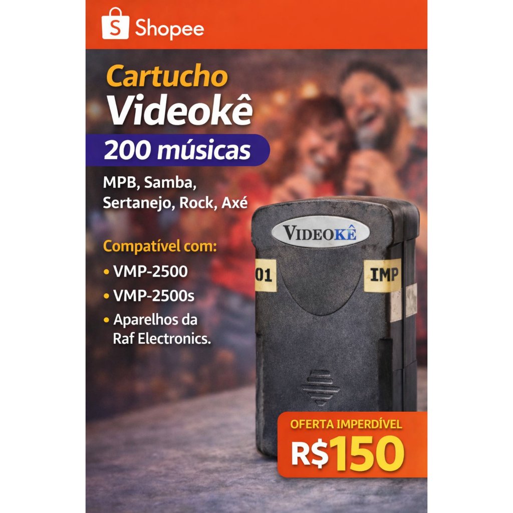 Cartucho Videokê Original Raf Electronics – 200 Músicas MPB, Samba, Sertanejo, Rock, Axé