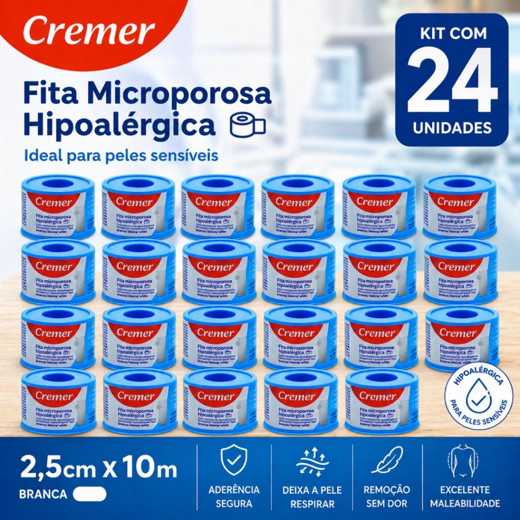 Kit Fita Microporosa Cremer 2,5cm x 10m Hipoalérgica Original