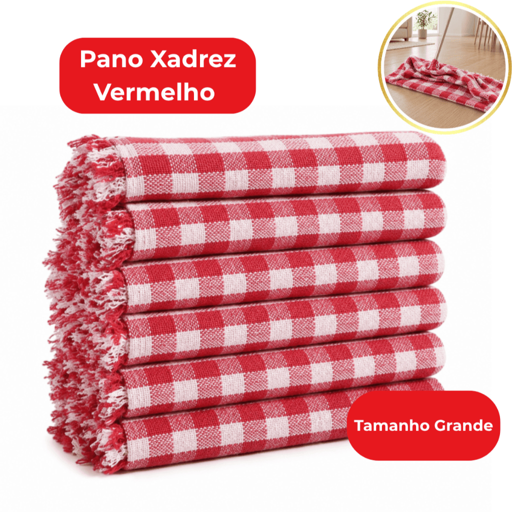 Pano de Chão Xadrez Vermelho Saco Duplo Tamanho Grande  Limpeza Geral Multiuso Oferta