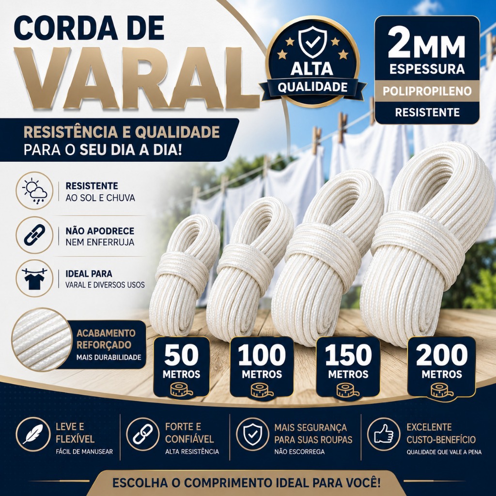 Varal Corda 50m /100m /150m e 200 metros - Varal de Teto Quintal Apartamento 2mm