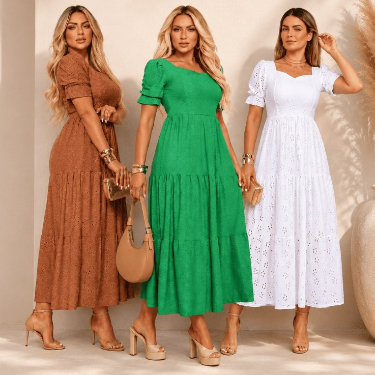 Vestido Longo Três Marias Feminino Malha Laise Midi Manga Bufante Forro no Busto e Saia, Cores Candy