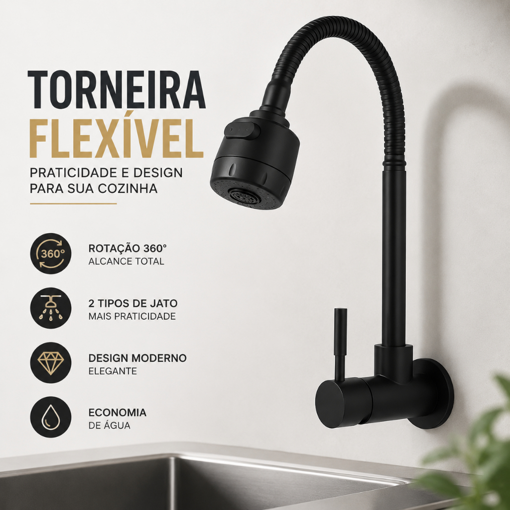 Torneira de Cozinha Parede Inox Gourmet - Acabamento Cromado, Fluxo Flexível, Resistente à Corrosão