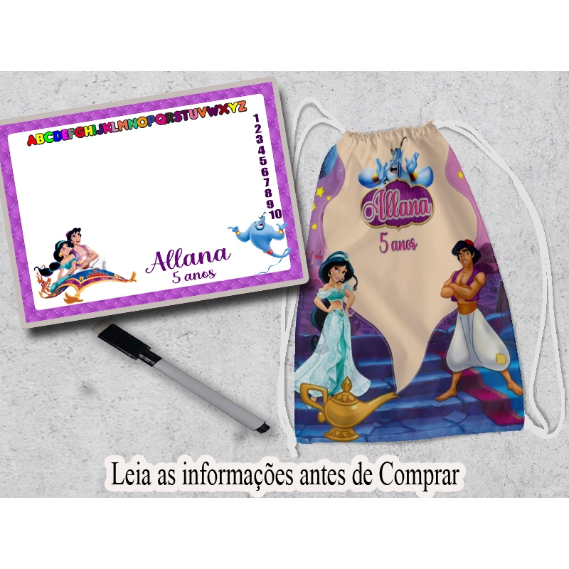 Kit mochila e lousa Magica personalizada do Aladim e princesa Jasmine