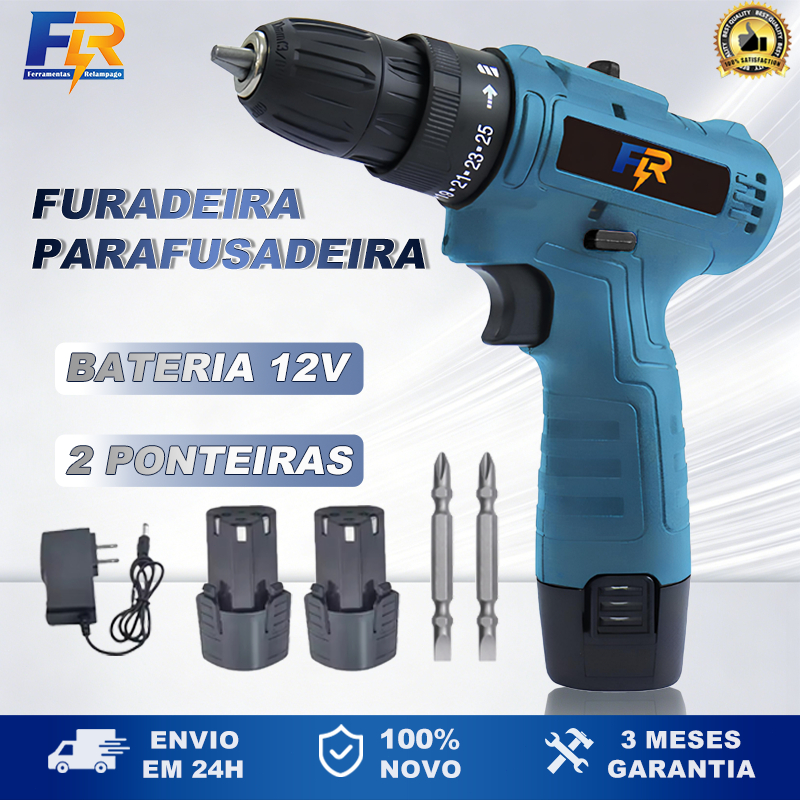 Parafusadeira Furadeira Sem Fio para Uso Diário Bateria Recarregável  12V com 2 Bits