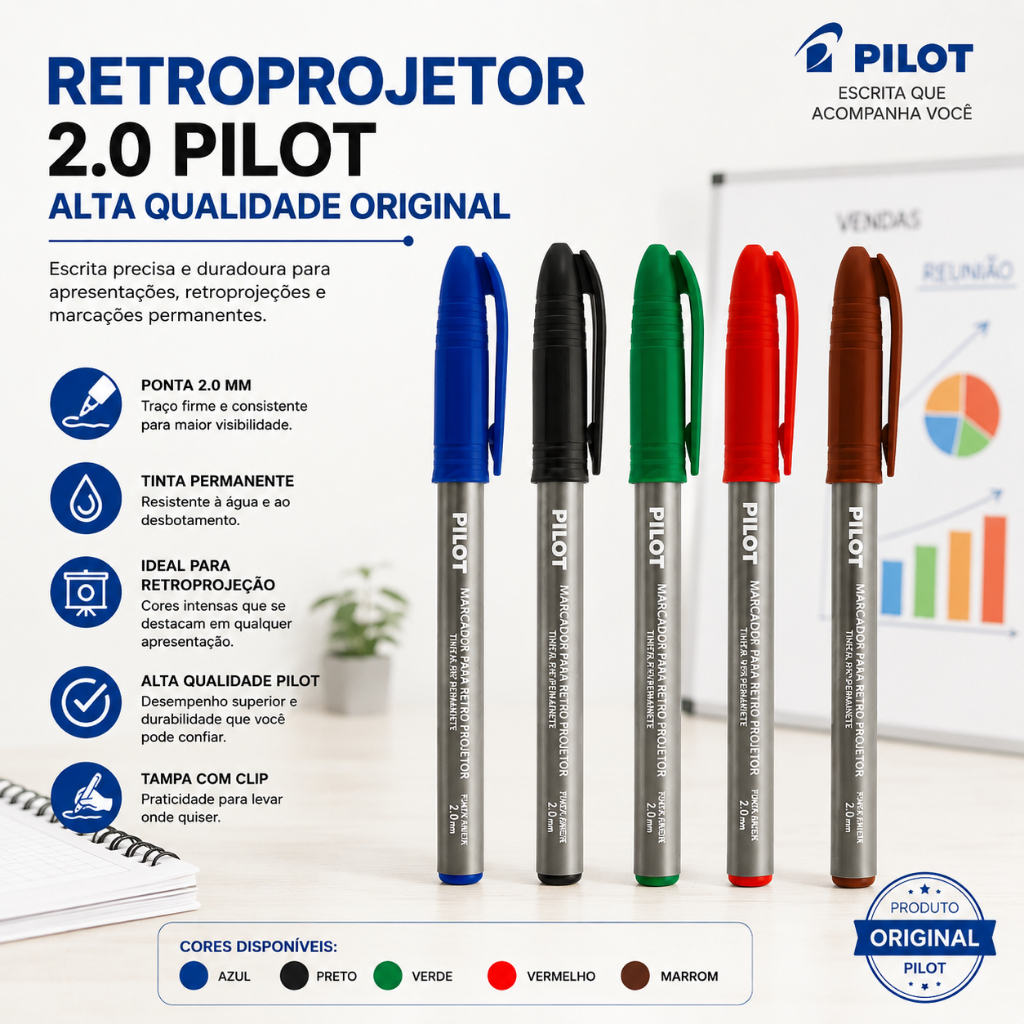 Marcador Permanente Retroprojetor 2.0 Pilot Original Resistente À Água Ponta Média Alta Durabilidade