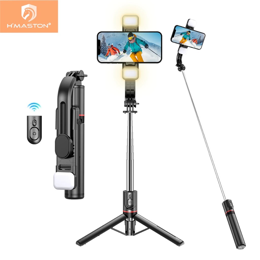 H'maston ZP-13 Pau De Selfie Tripé Retrátil Com Botão Bluetooth Suporte De Selfie Portatil Com Led