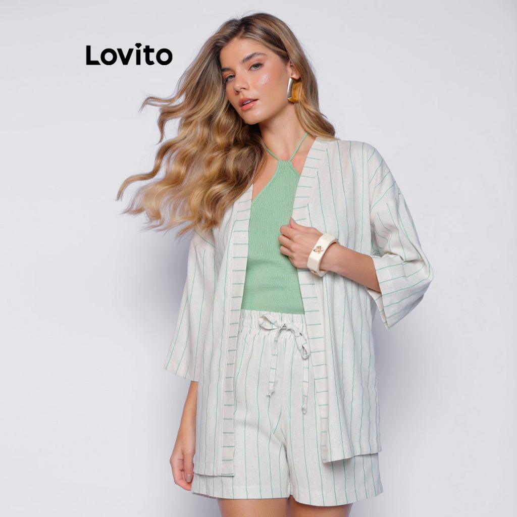 Lovito Conjunto Shorts Curto Amarração Elastico e Kimono Listrado Branco Feminino BRTKB1337BRL1367