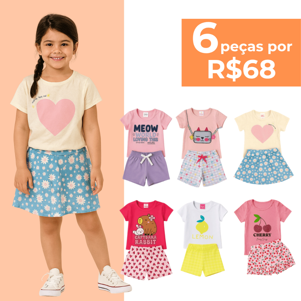 Ki 6 Peças Conjunto Roupas Infantil Menina 3 Camisetas Estampadas 3 Shorts Confortáveis Sortidos