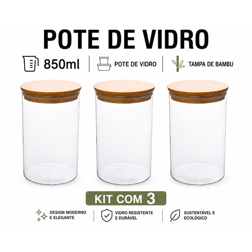 Kit 3 Pote Vidro Canelado Tampa Bambu P/ Mantimento Hermético 850ml - Qhouse