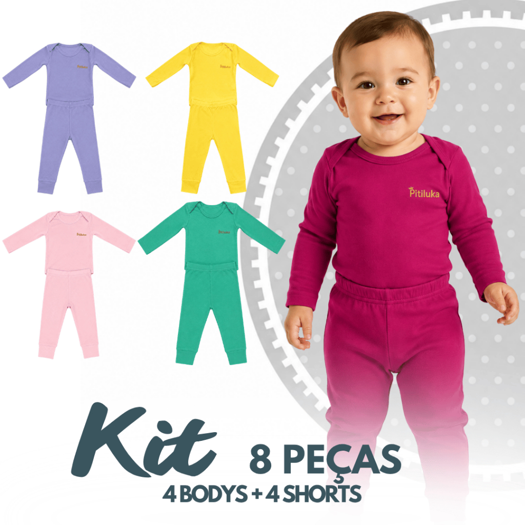 Kit Conjunto 8 Peças de Roupas para Bebê Menina (4 Body Longo + 4 Calça) Roupa Infantil Bebê