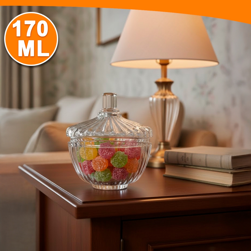 Bomboniere de Vidro Lapidado 170ML Pote Doce Decorativo Baleiro Cristal Vintage Porta Biscoito Decor