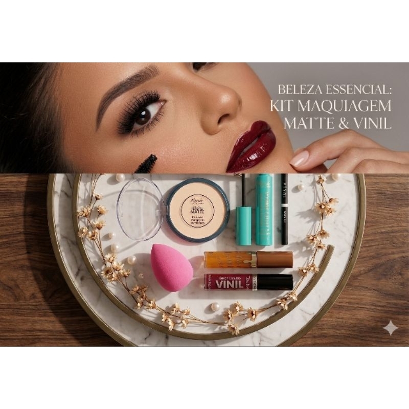 ​✨ Kit Maquiagem Completa 8 Itens: Base Matte + Pó + Corretivo + Rímel Boneca + Batom Vinil + Gloss + Lápis + Esponja ✨