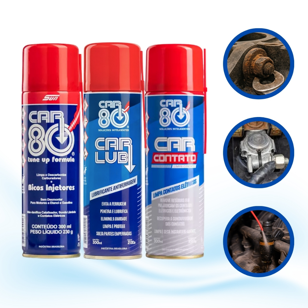 Kit 3 em 1 Spray Car80 Limpa Contato Com Descarbonizante e Desengripante (Antiferrugem)
