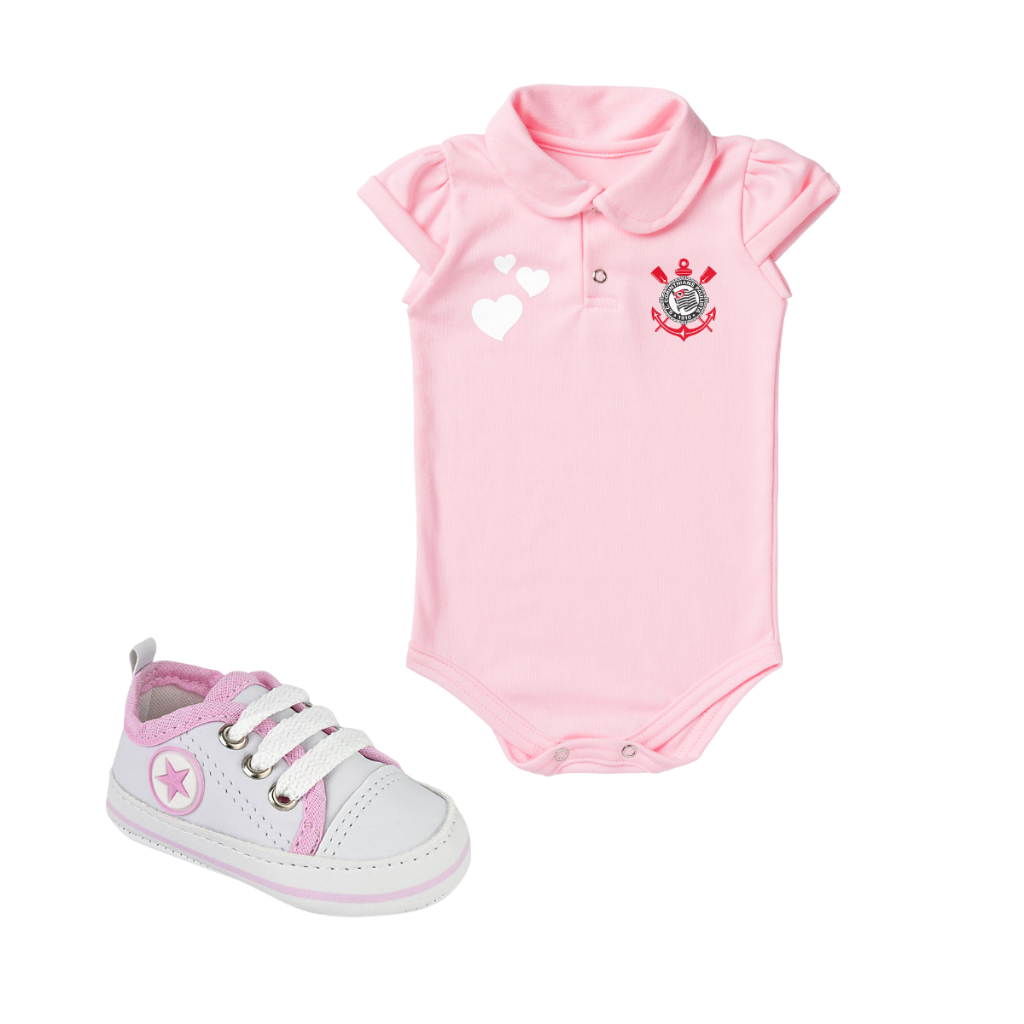 Kit 2 Peças Body Corinthians Rosa Torcida Baby Oficial e Tênis Bebe Mania Star 71308