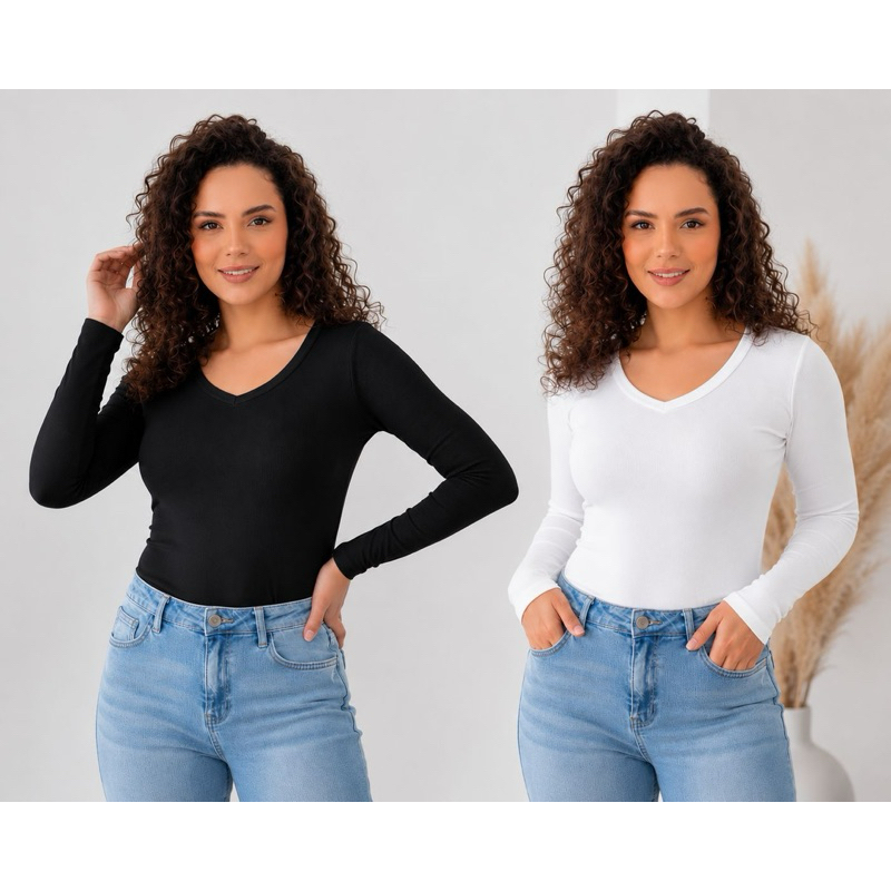 KIT 2 Blusa Manga Longa Inverno Feminina Decote V Segunda pele