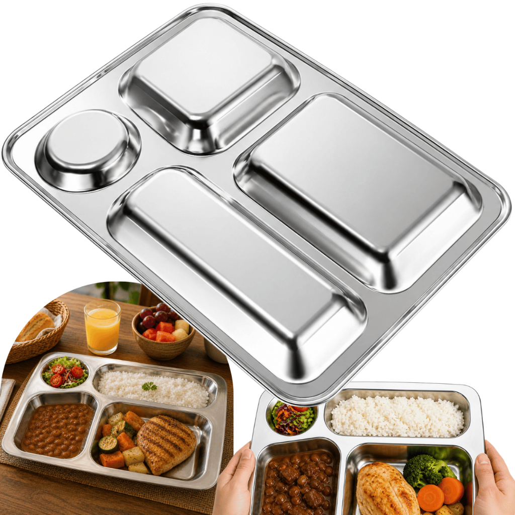 Bandeja Servir Inox 4 Divisórias Retangular Diversas Unidades Alimentos Petiscos Cozinha Restaurante