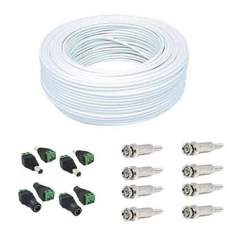 Cabo Bipolar coaxial para câmera 4mm 100mt + 8 Conector Bnc + 4 Par P4 Borne M/f