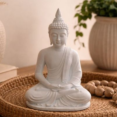 Imagem Estátua Buda Zen 12cm Branco – Decoração Oriental Minimalista para Sala Quarto Escritório