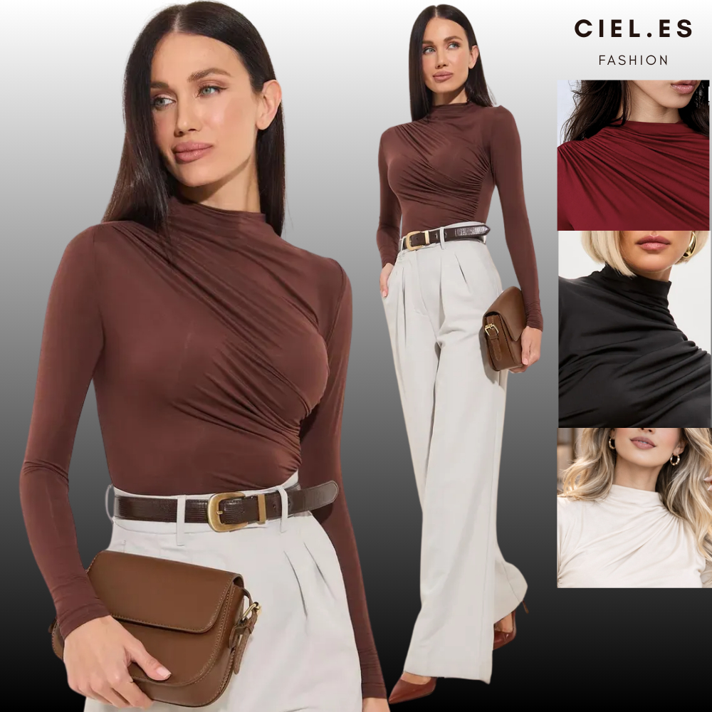 Blusa Feminina Elegante Marrom Manga Longa Suplex DRAPEADA Gola Alta Tendencia 2026 Blusinhas Moda