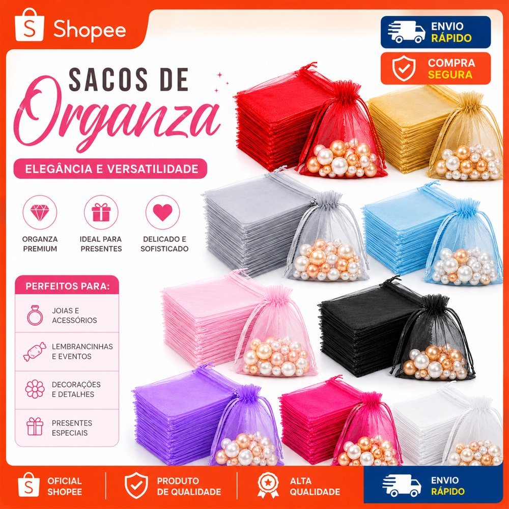 50 ou 100 Saco Saquinho Organza Tule 7x9 9x12 10x15 13x18 15x20 17x23 20x30 Festa Casamento
