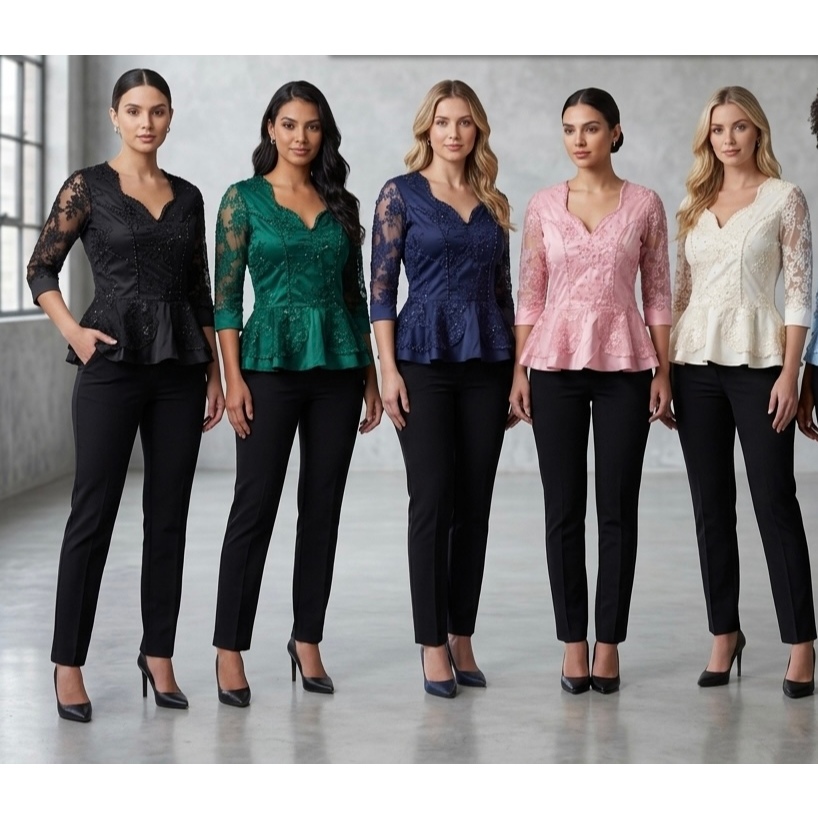 Blusa Feminina Social em Renda Peplum Manga 3/4 Elegante Casual Chic Cores
