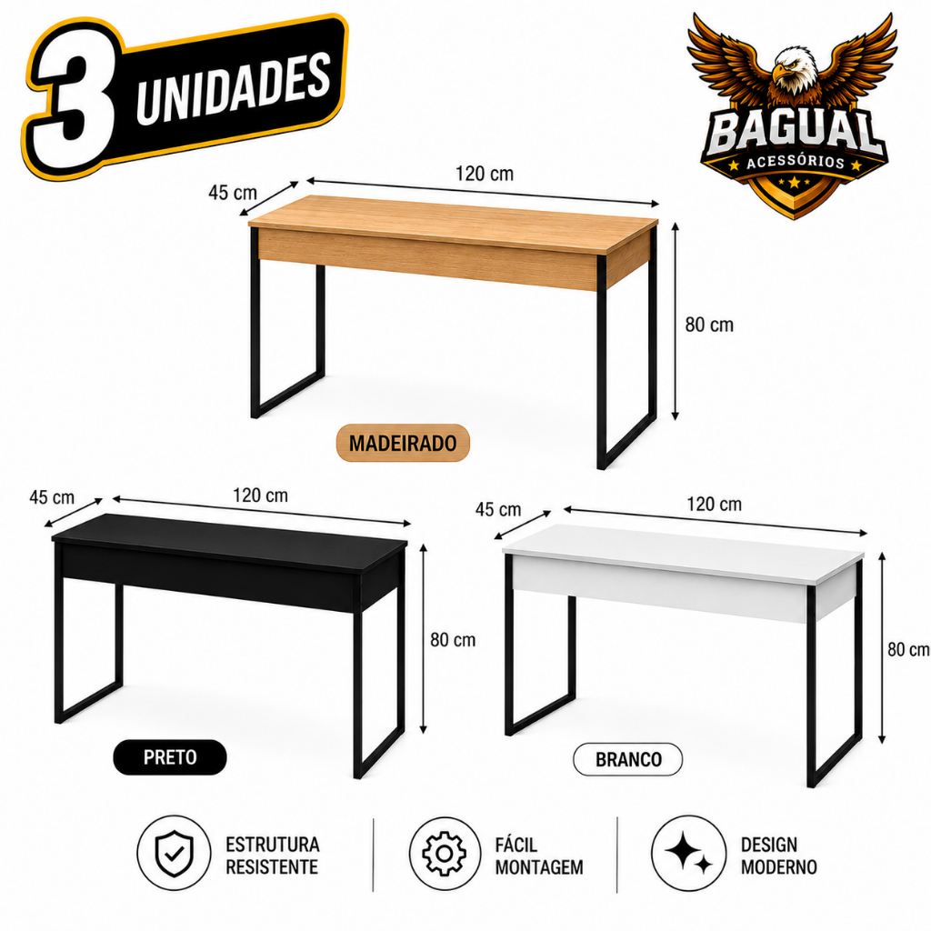 Mesa Escrivaninha 120cm/90cm Para Escritório Computador - Detalhada - Leve - Pés de Alumínio Pintura Eletrostática