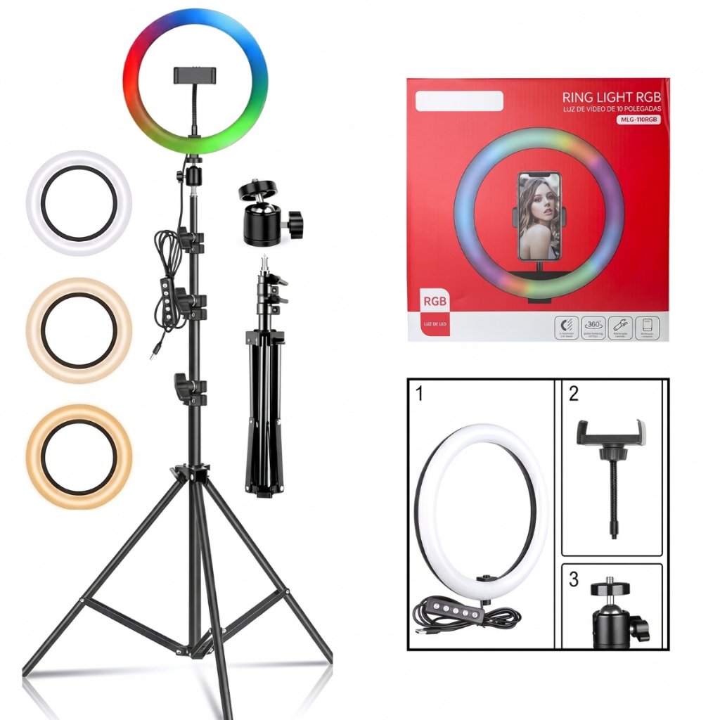 Ring Light 10 Polegadas RGB Tripé Reforçado Celular Kit Criador Conteúdo Vídeo Foto Live Tripé 2,1m RGB
