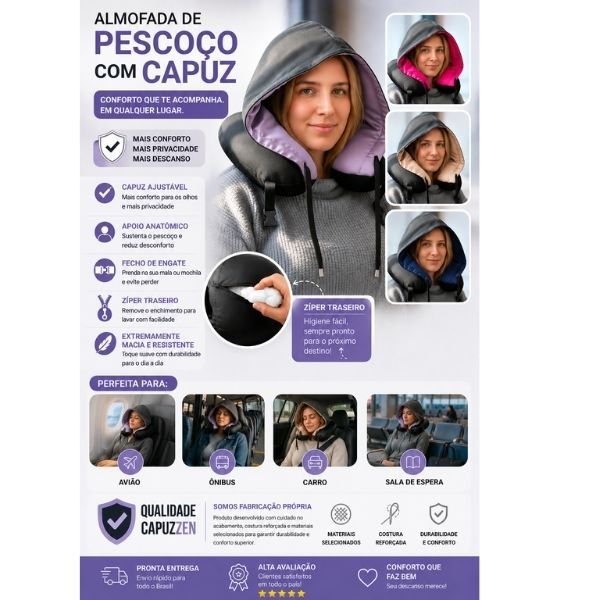 Almofada de Pescoço com Capuz para Viagem CapuzZen – Confortável, Lavável, com Engate para Mala, Apoio Ergonômico Adulto