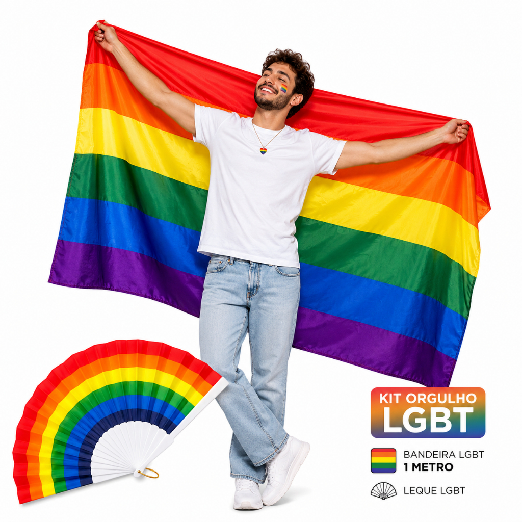 Orgulho LGBT Bandeira Arco Íris 1,50x90cm Dupla Face + Leque 23cm Parada Gay