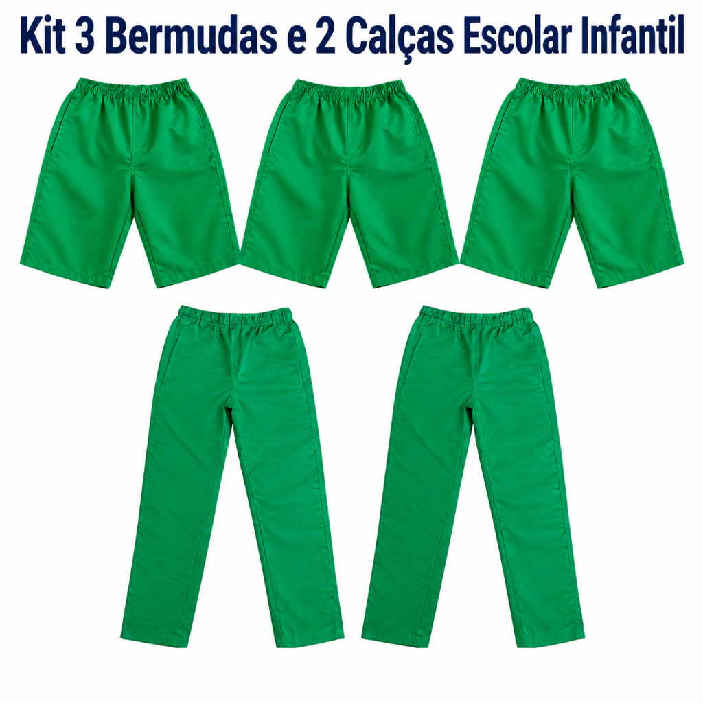 Kit 3 Bermudas e 2 Calças Verde Escolar Infantil Tactel Grosso Resistente - Todos os Dias da Semana