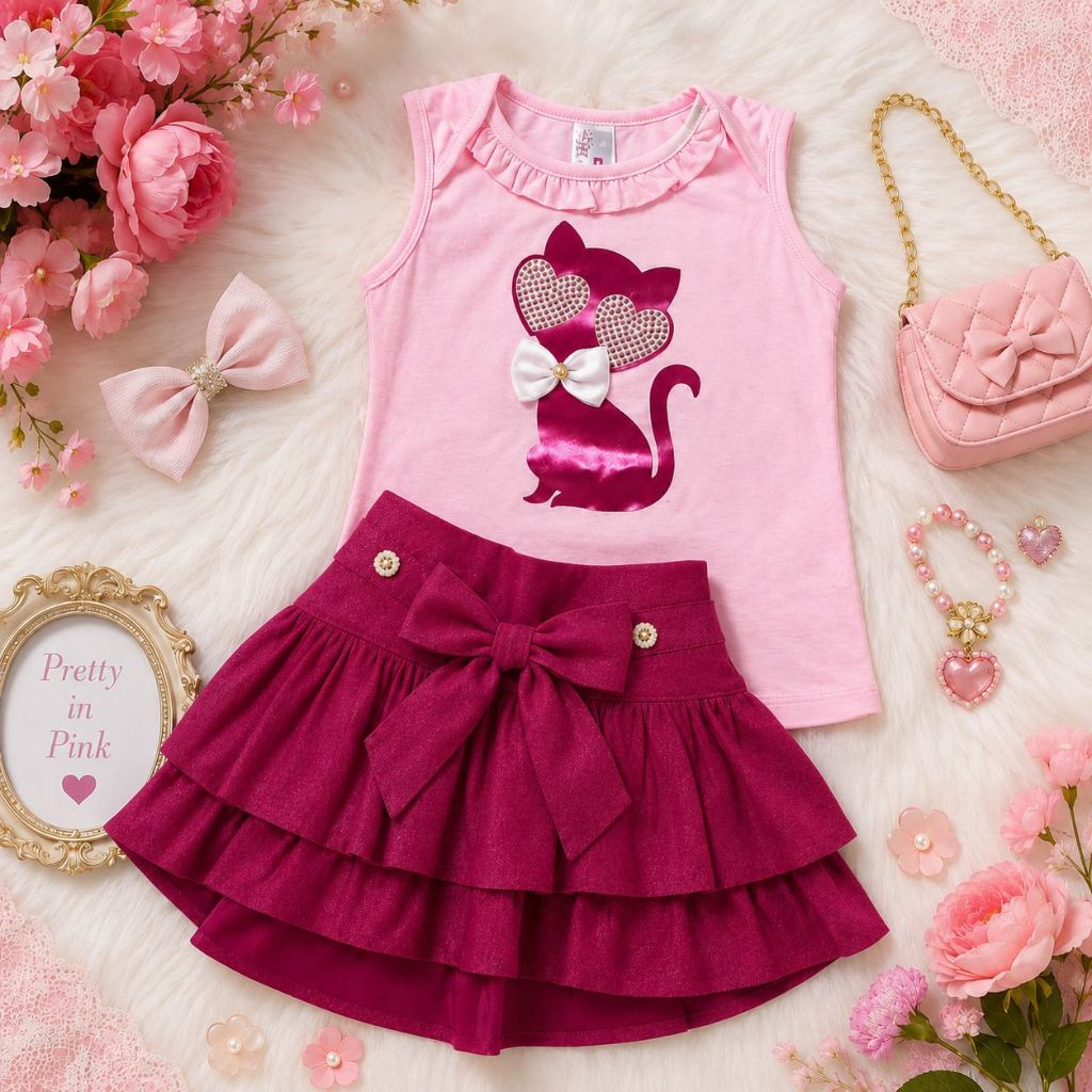 CONJUNTO INFANTIL MENINAS BLUSA ALGODÃO + SAIA BABADO LOOK CHARMOSO FOFO PARA PASSEIOS E FESTA