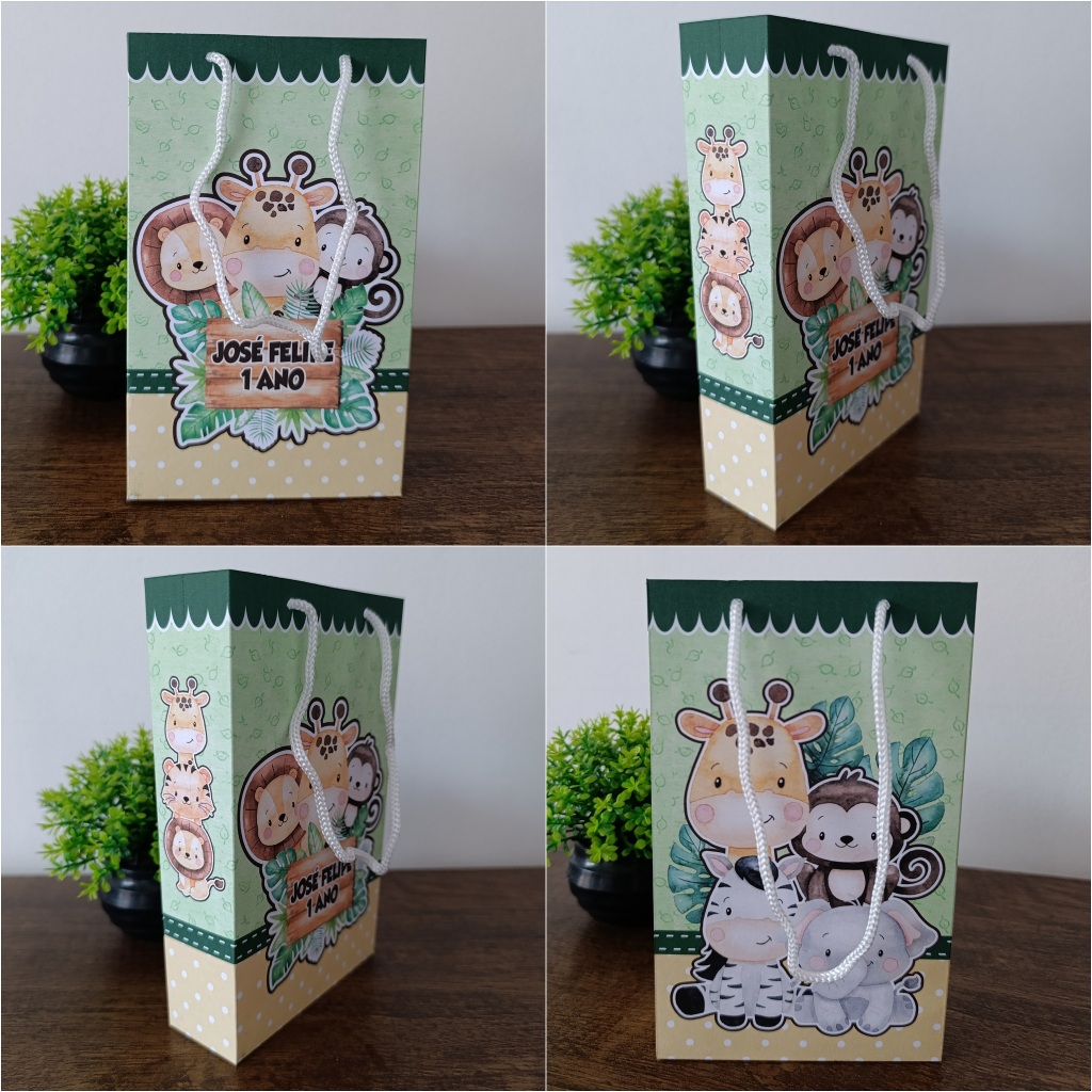 Sacolinha sacola bolsa personalizada personalizado lembrancinha nome idade cha bebe revelação aniversário SAFARI baby