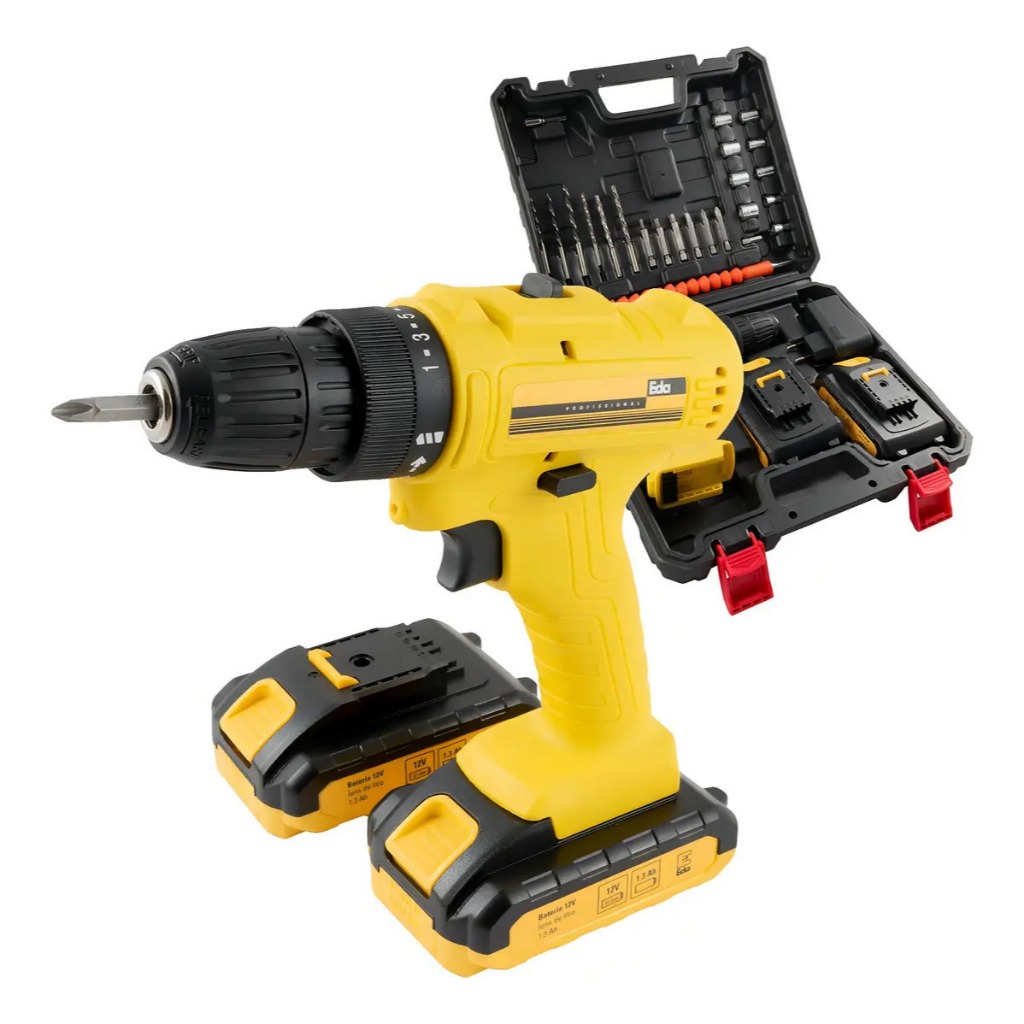 Parafusadeira Furadeira 12V EDA Com Maleta 22 Peças 2 Baterias Bivolt Profissional Compacta Equipada com Mandril Premium