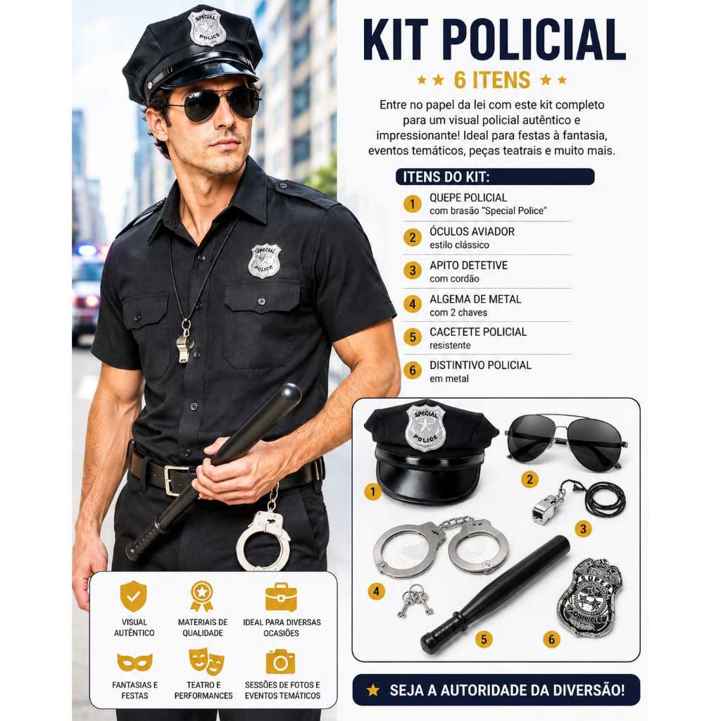 Acessórios Fantasia Policial 6 Itens Chapéu Quepe Polícia Algema Metal Óculos Aviador Distintivo Cassetete