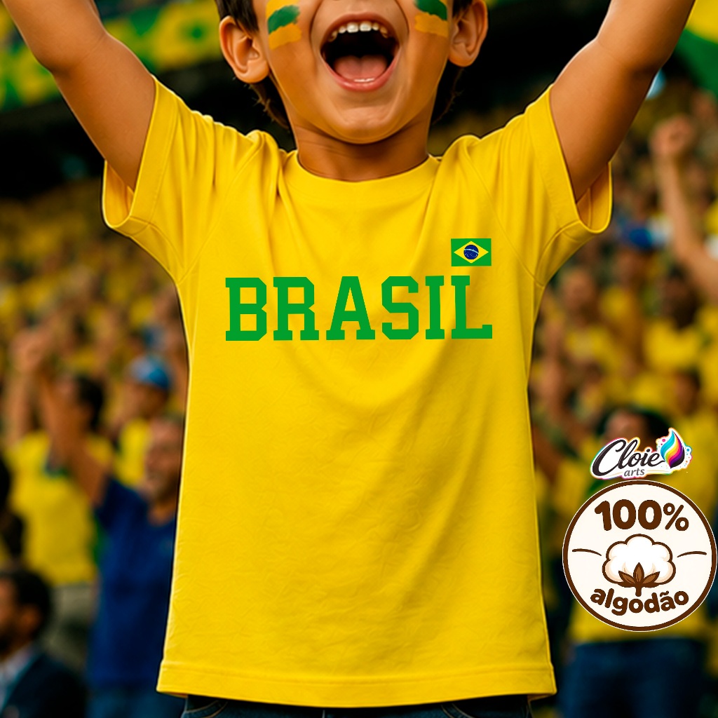 Camiseta Infantil 100% Algodão Brasil  Torcedor Mirim  Copa Jogos Casual Torcida Seleção Brasileira Campeão Hexa Unissex