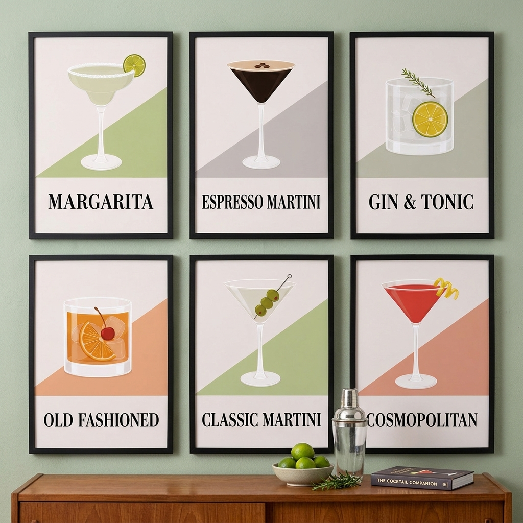 Kit 6 Quadros Decorativos 25x30 Bar Drinks Bebidas Margarita Espresso Gin Cosmopolitan Com Moldura