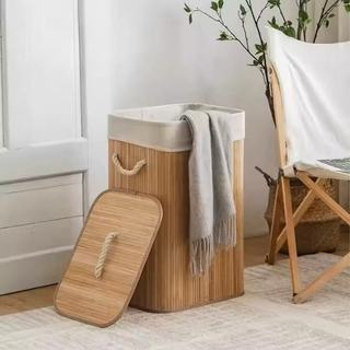 Cesto de roupa suja de bambu de72 litros com tampa e alça, forro espesso, adequado para u…