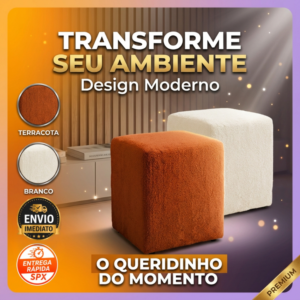 Puff Kit 2 Quadrado Decorativo Bouclê Estofado Quadrado Sala e Quarto Confortável Lucca