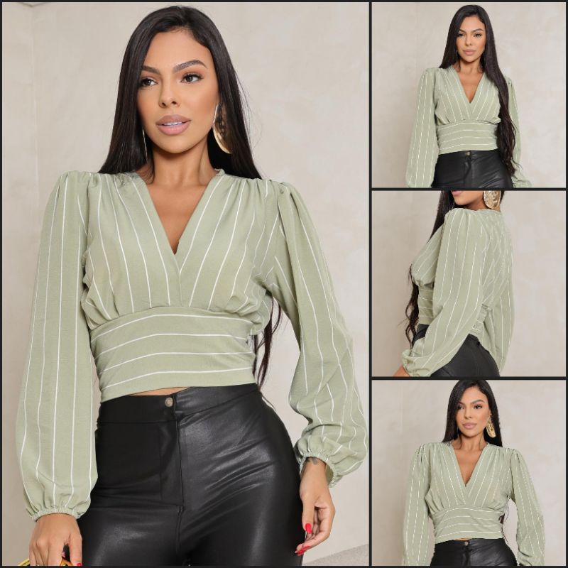 blusa feminina manga longa listrada e liso tecido duna