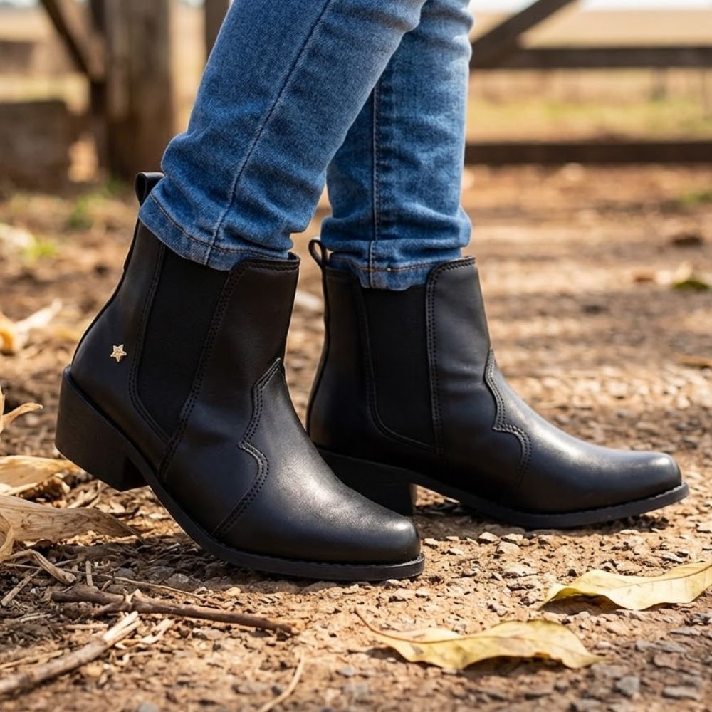 Bota Infantil Feminina Texana Western estilo Chelsea Bordada Salto Bloco Menina Fashion