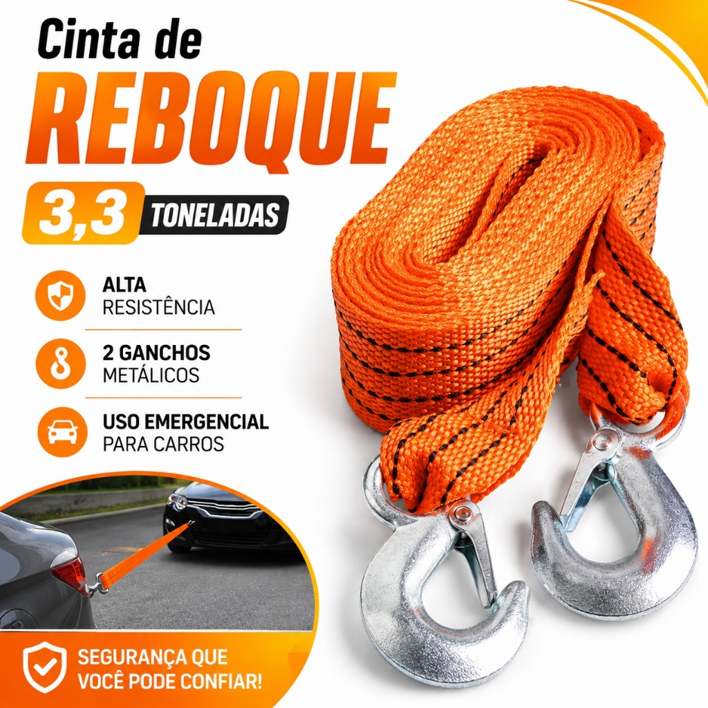 Fita Cinta Fluorescente para Reboque de Carro /Carga de 3,5 toneladas 3,0 Metros com Ganchos Noite