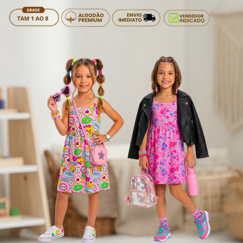 Kit 2 vestido infantil menina verão em algodão estampado e liso regata manga e alça do 1 ao 8 anos