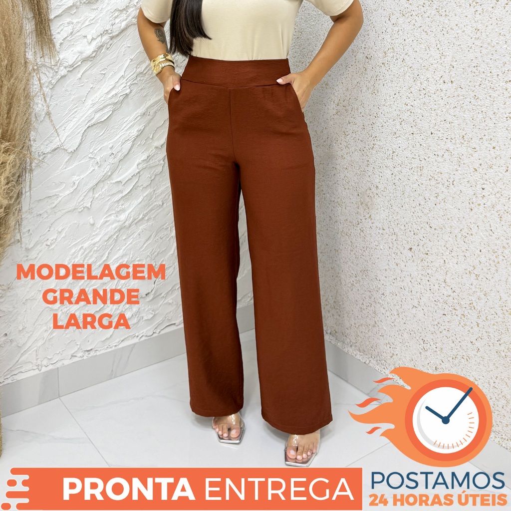 Calça Feminina Wide Leg Pantalona Cós Alto com Elástico e Bolso Faca Alfaitaria Social