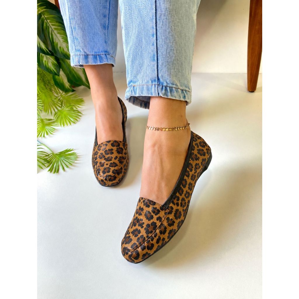 Mocassim Feminino Animal Print Oncinha Confort Couro Legítimo Pelo Sapatilha Luxo Bico Quadrado Marca Nilza Camargos