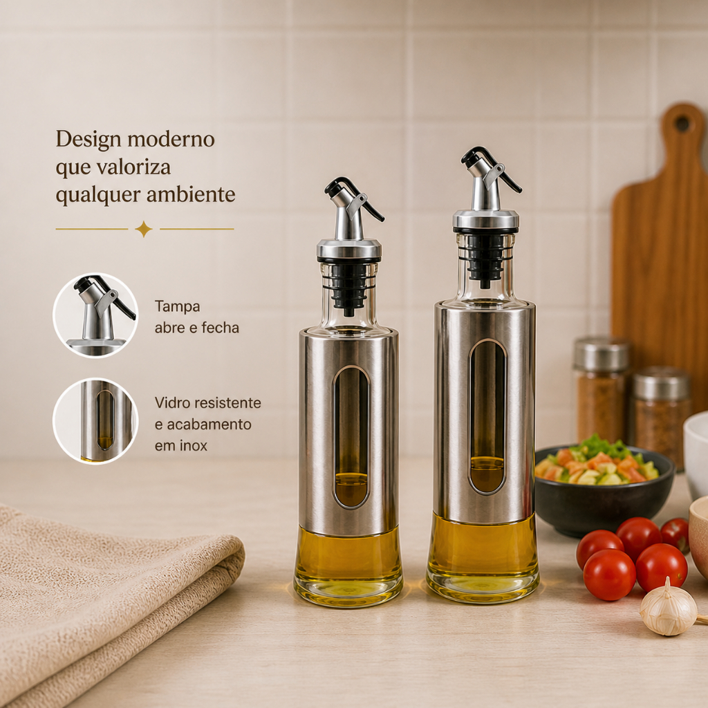 Galheteiro Vidro e Inox com Dosador Anti Gotejamento 500ml/300ml – Porta Azeite Elegante para Cozinha